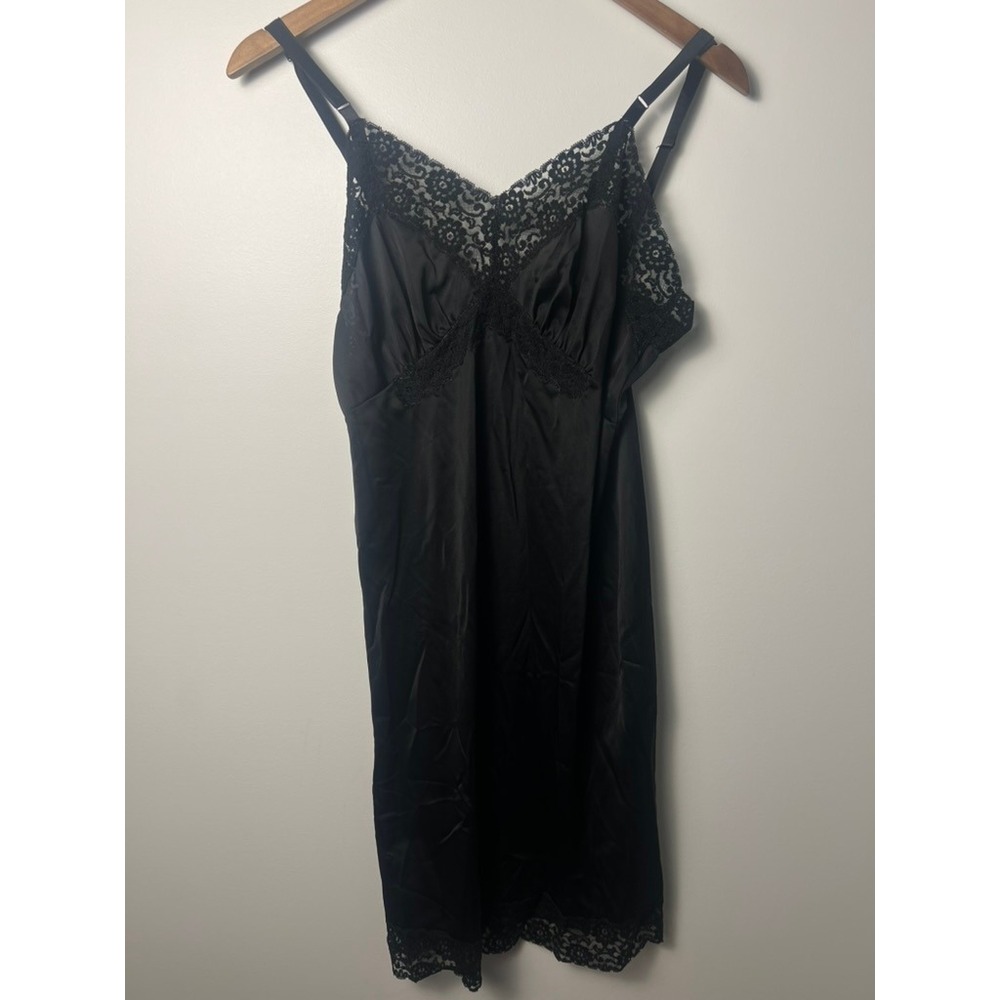 SM Black Lace Trim Satin Lingerie Slip Nightgown Whimsigoth Y2K Vampire‎ 90's
